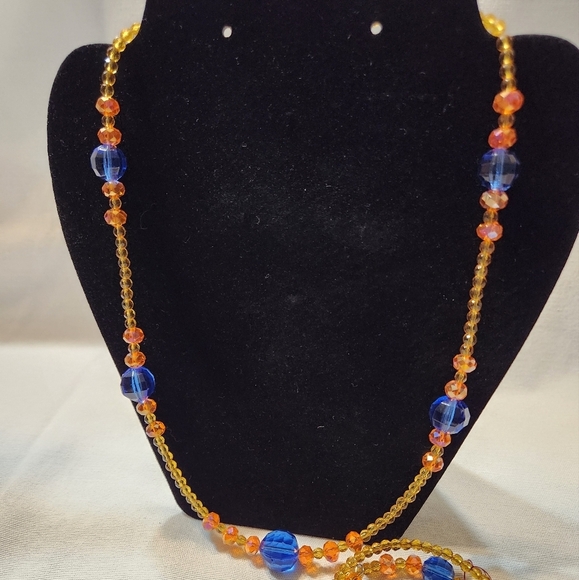 Hand Crafted Vibrant Beaded Crystal Necklace and Bracelet Set Blue Orange Yellow - Picture 7 of 8